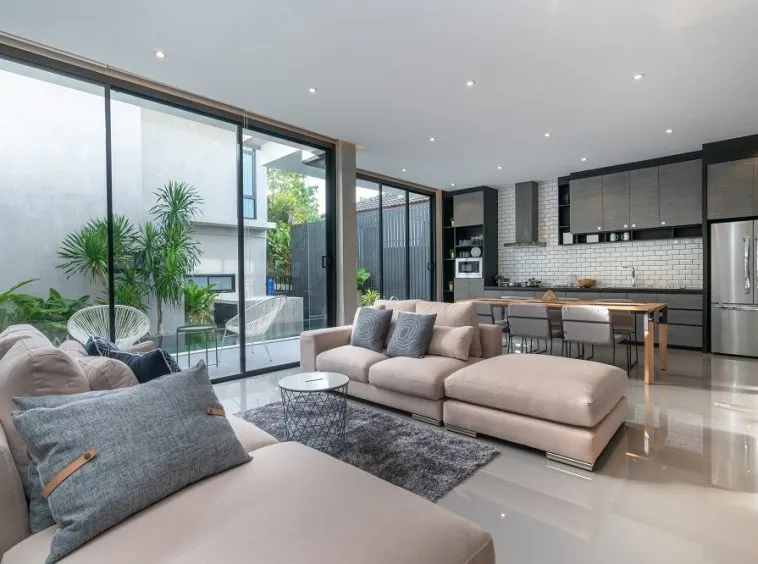 interior home design in living room with open kitchen in the loft house interior home design in living room with open kitchen in the loft house